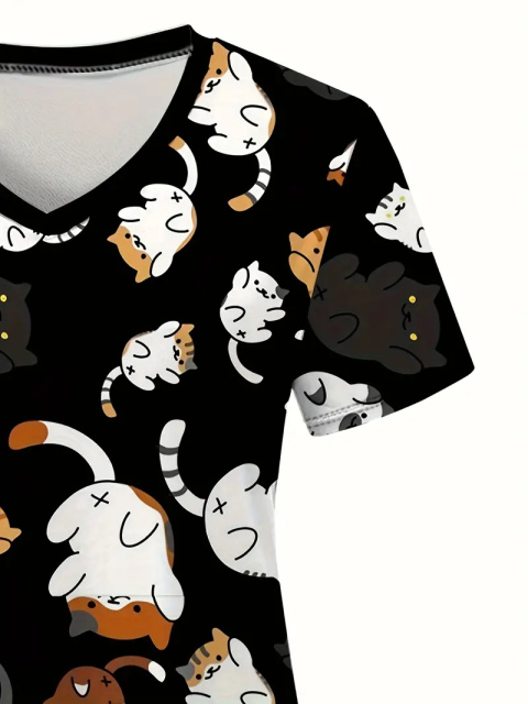 Bluza medyczna damska z nadrukiem kotów - czarna Bluza medyczna damska z nadrukiem kotów - czarna