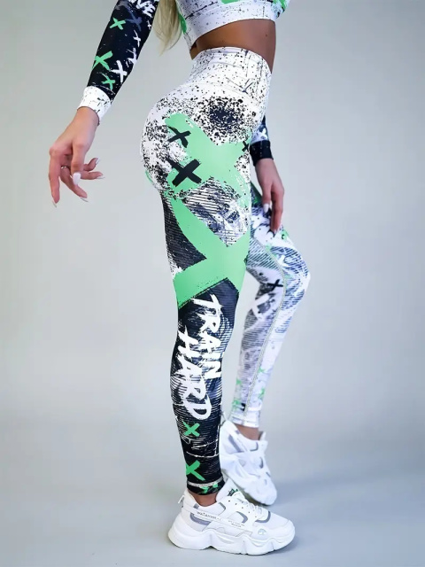 Damskie legginsy do jogi z wysokim stanem i nadrukiem - jasny zielony Damskie legginsy do jogi z wysokim stanem i nadrukiem - jasny zielony