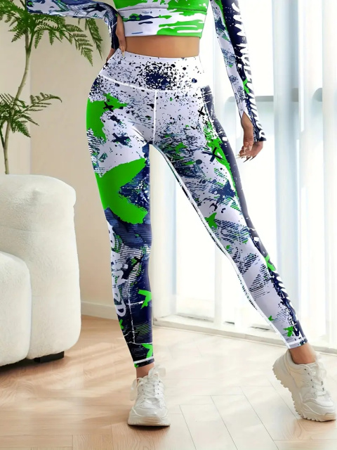 Damskie legginsy do jogi z wysokim stanem i nadrukiem - zielone Damskie legginsy do jogi z wysokim stanem i nadrukiem - zielone