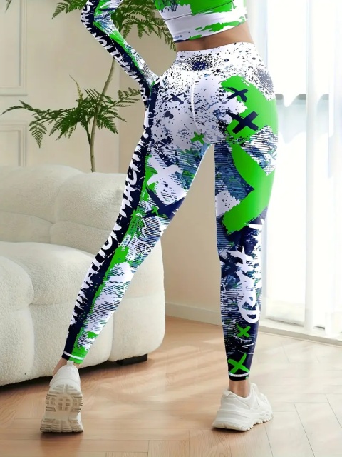 Damskie legginsy do jogi z wysokim stanem i nadrukiem - zielone Damskie legginsy do jogi z wysokim stanem i nadrukiem - zielone