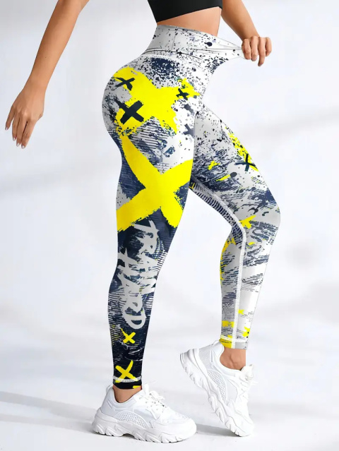 Damskie legginsy do jogi z wysokim stanem i nadrukiem - żółte Damskie legginsy do jogi z wysokim stanem i nadrukiem - żółte