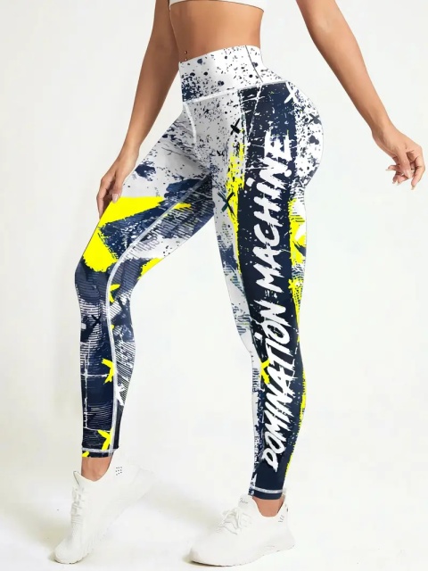 Damskie legginsy do jogi z wysokim stanem i nadrukiem - żółte Damskie legginsy do jogi z wysokim stanem i nadrukiem - żółte