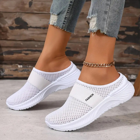 Damskie tenisówki slip-on BreezeStep White z oddychającą siateczką - białe Damskie tenisówki slip-on BreezeStep White z oddychającą siateczką - białe