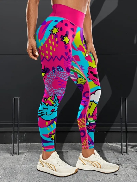 Legginsy do jogi z wysokim stanem graffiti - różowe Legginsy do jogi z wysokim stanem graffiti - różowe