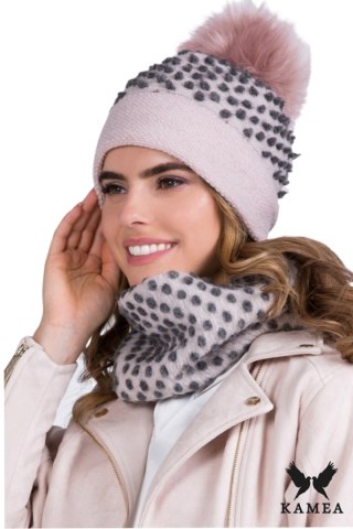 FOKS KOMPLET damski czapka z kominem gładkim kolor różowy - Kamea
