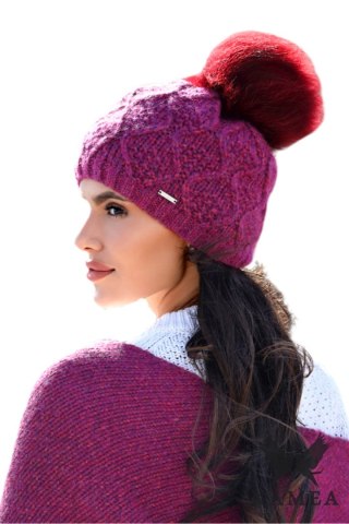 FREZJA- NATURAL POMPON czapka damska merino wool kolor malinowy - Kamea