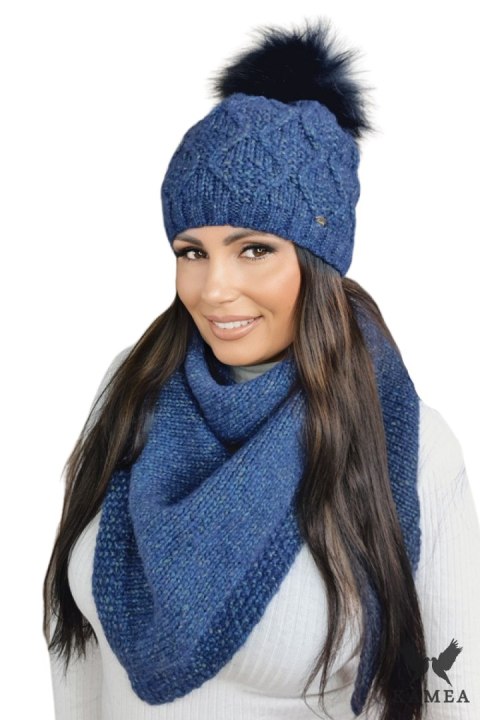 FREZJA- NATURAL POMPON czapka damska merino wool kolor niebieski - Kamea FREZJA- NATURAL POMPON czapka damska merino wool kolor niebieski - Kamea